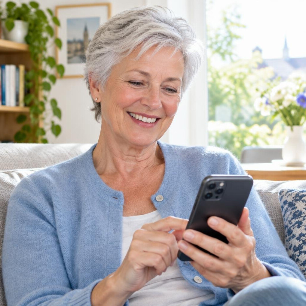Smiling senior woman in her sixties looking at her smartphone at home