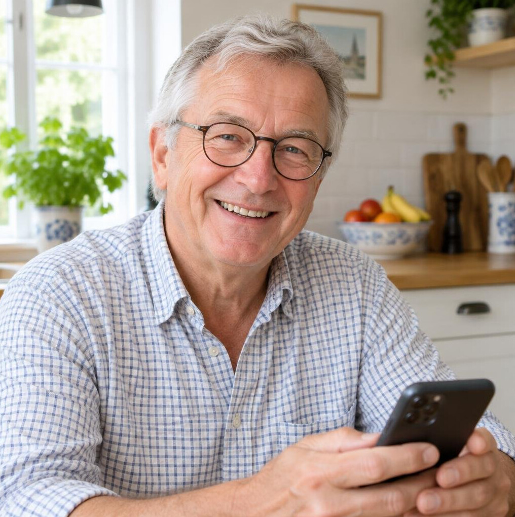 Senior man with glasses smiling while holding a smartphone