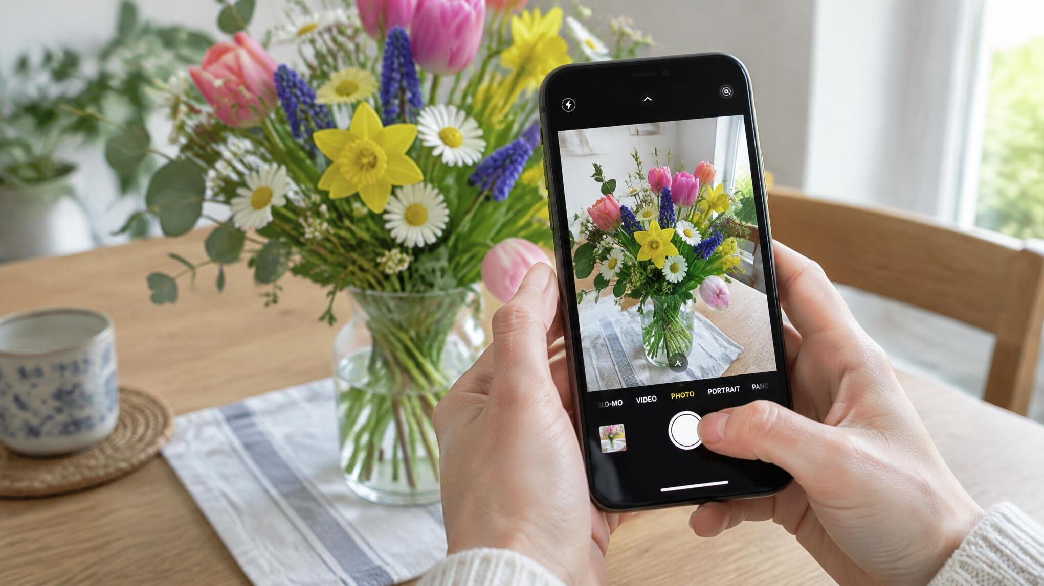 Hands holding a smartphone to take a photo of a bouquet of flowers