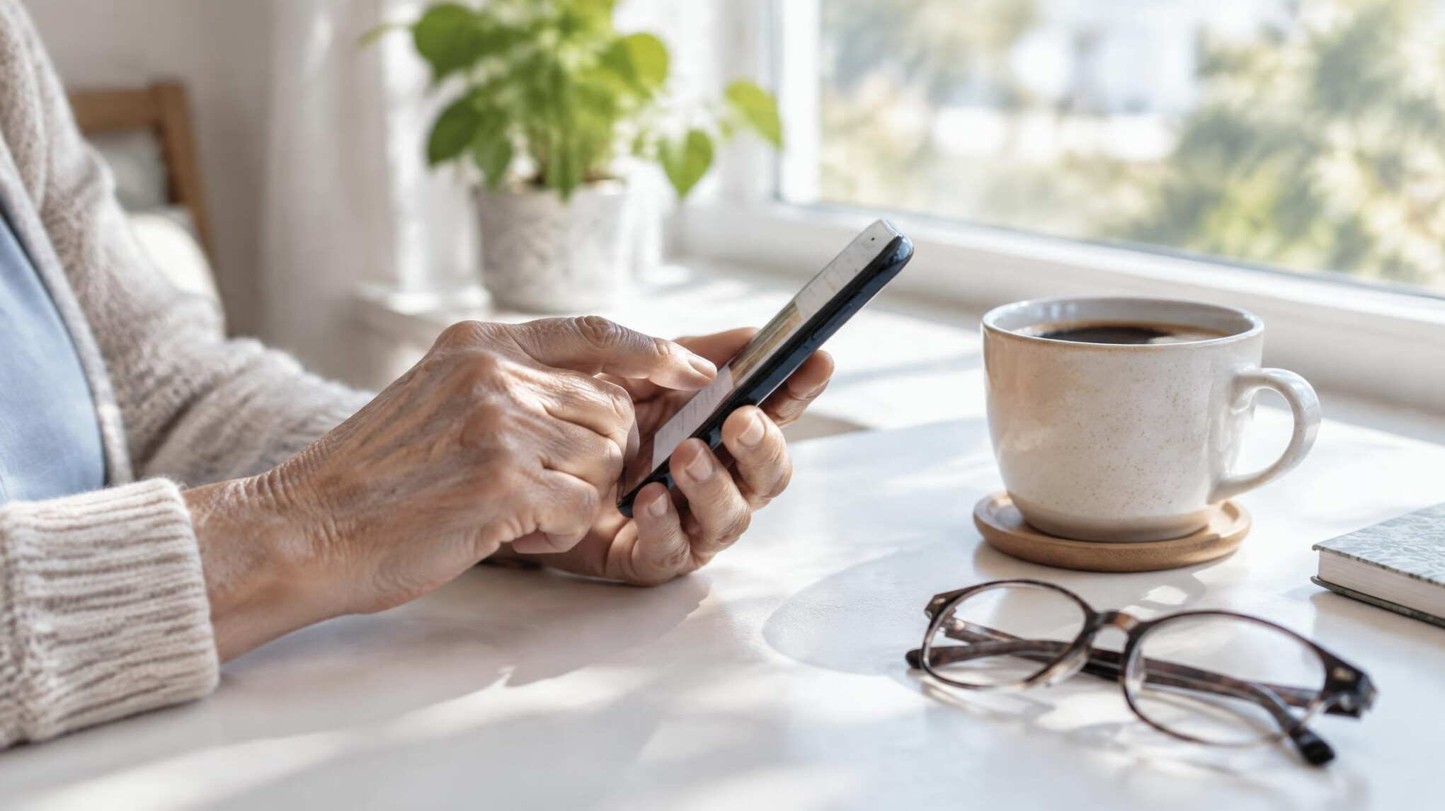 Older person's hands using a smartphone next to a cup of coffee on a table