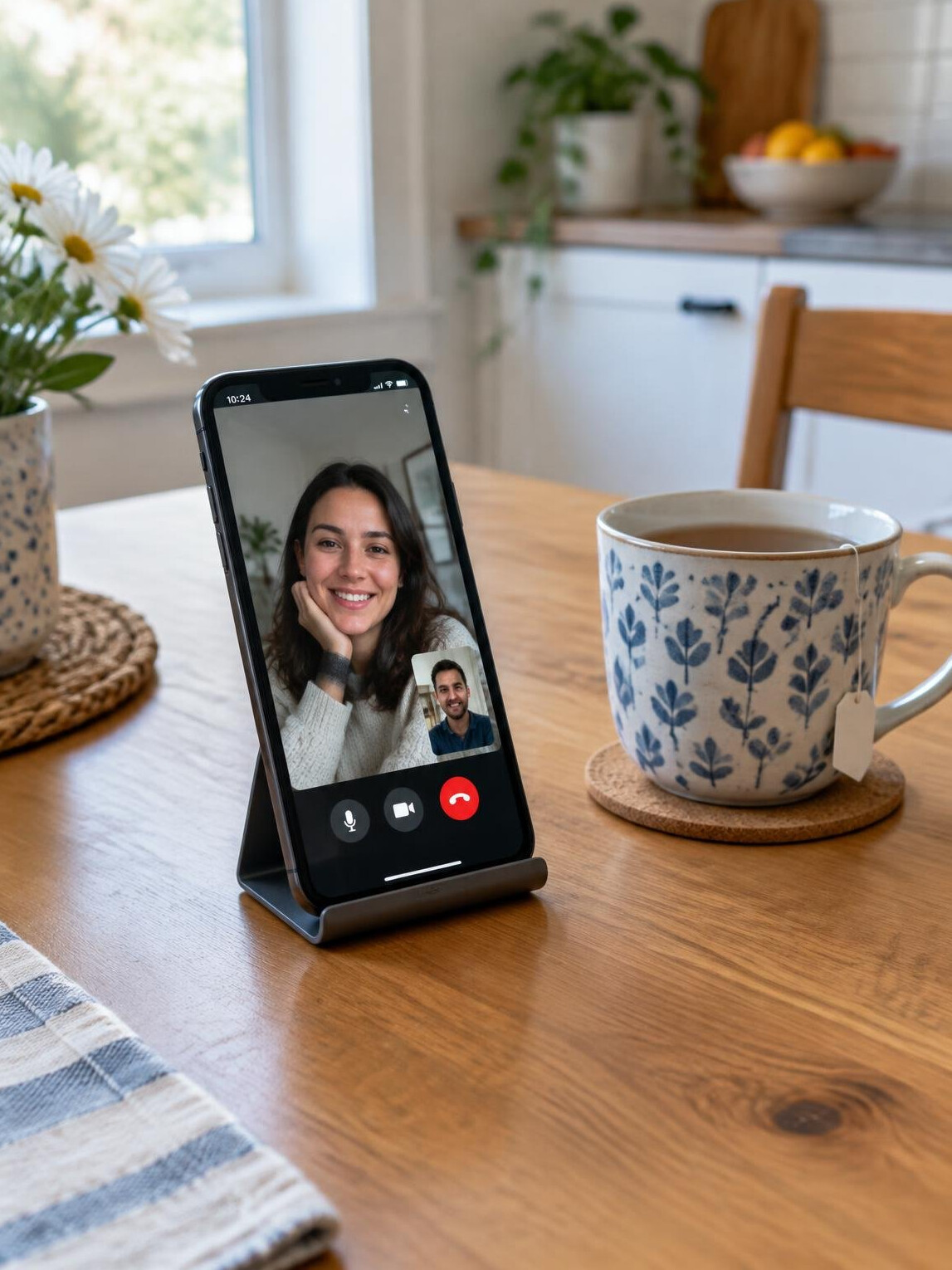 Smartphone on a stand showing a video call on a table