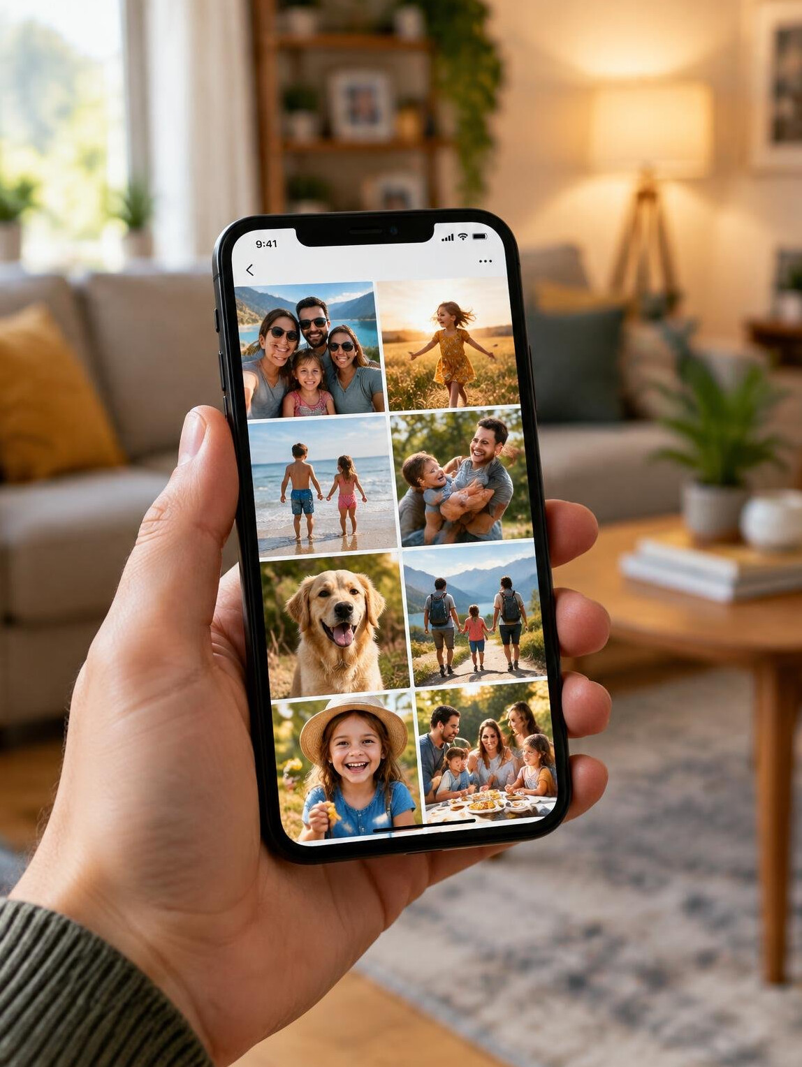 Hand holding a smartphone showing a grid of family photos