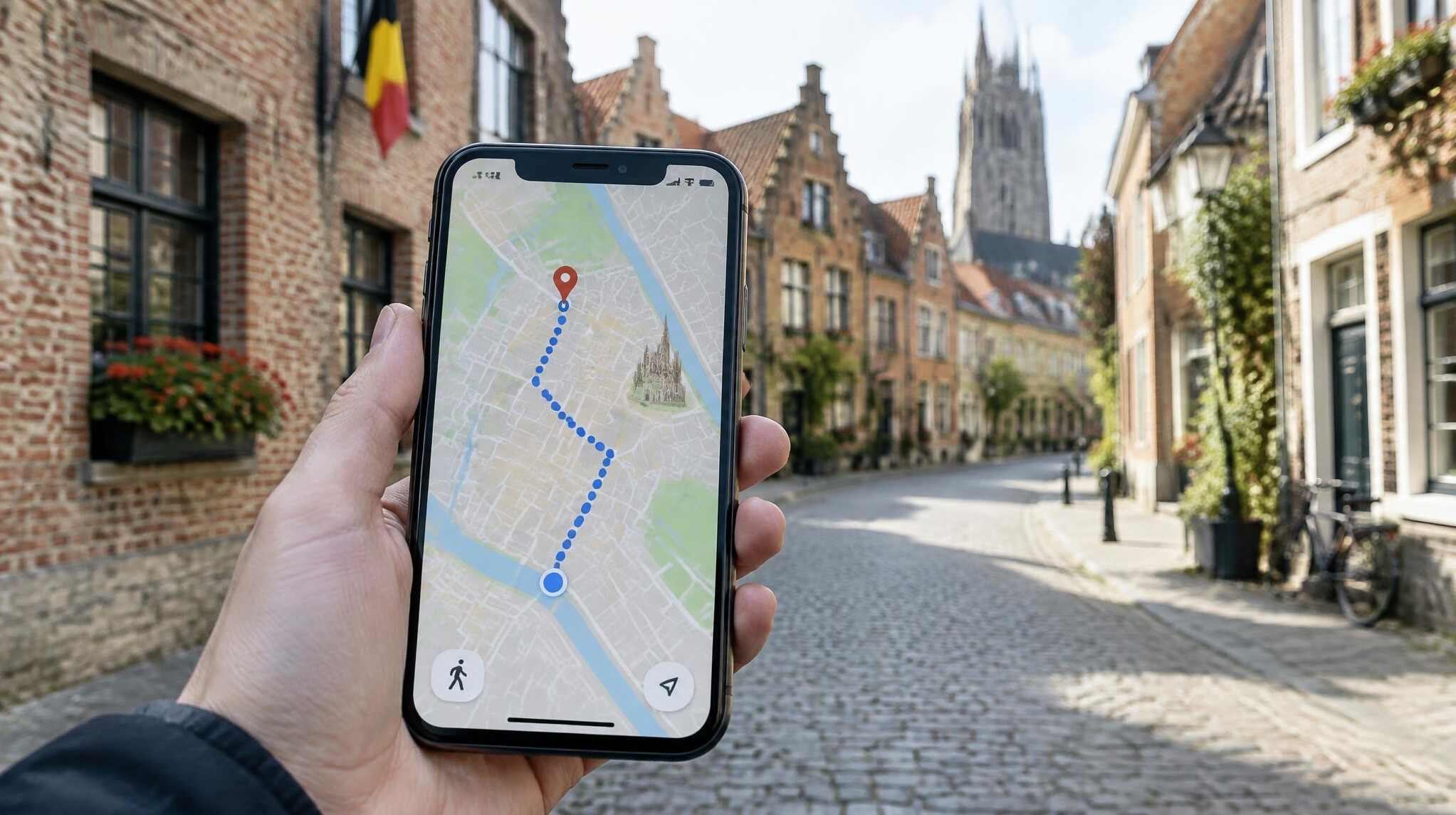 Smartphone showing a map with a walking route in a European old town street