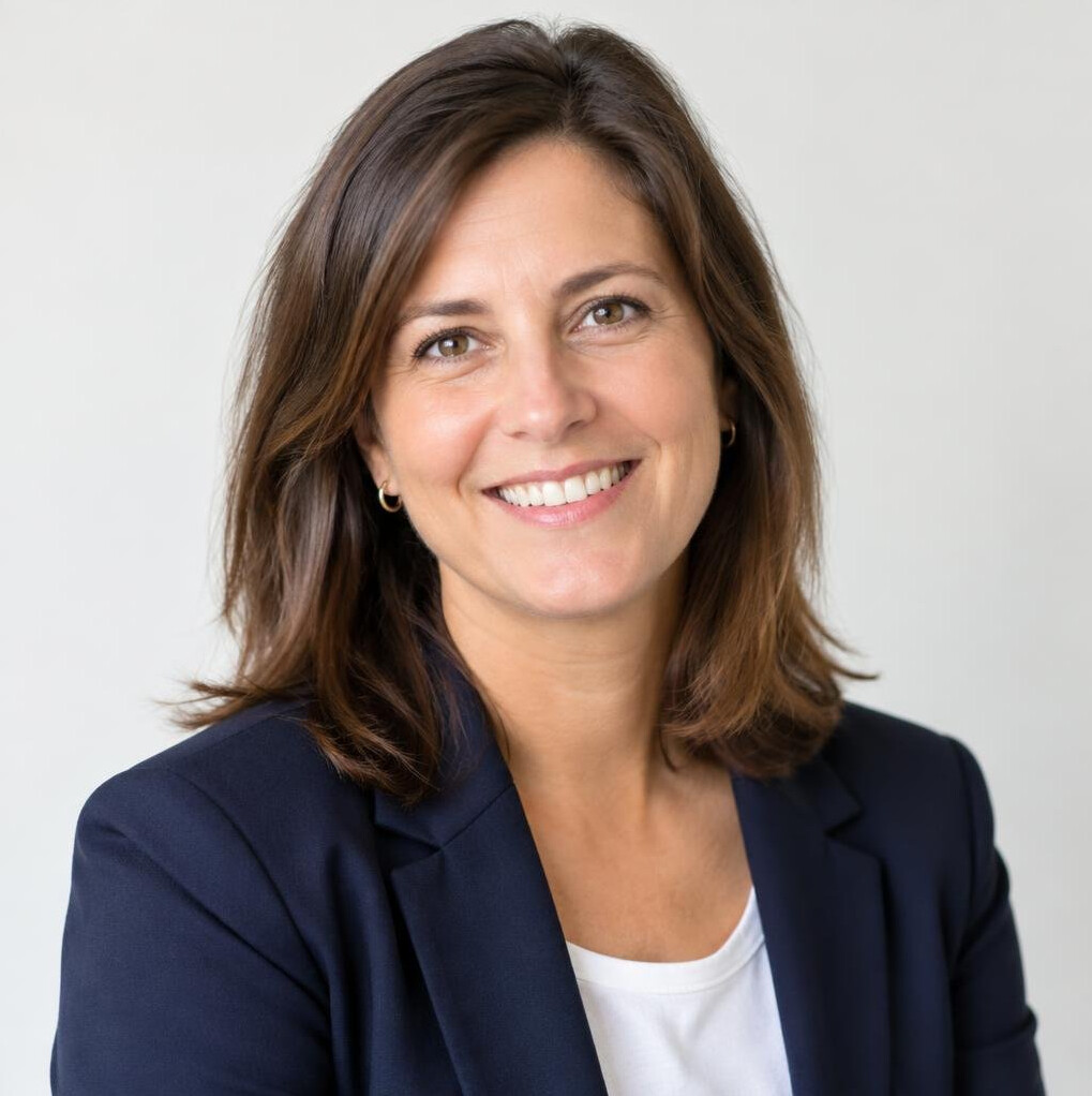 Smiling woman instructor in her forties with shoulder-length brown hair