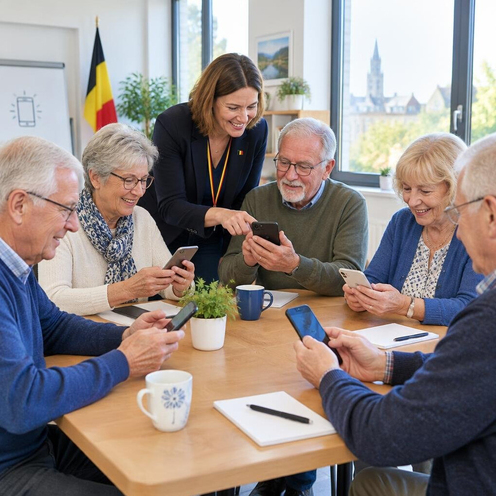 Group of senior people of European descent learning to use smartphones in a bright workshop room with a trainer