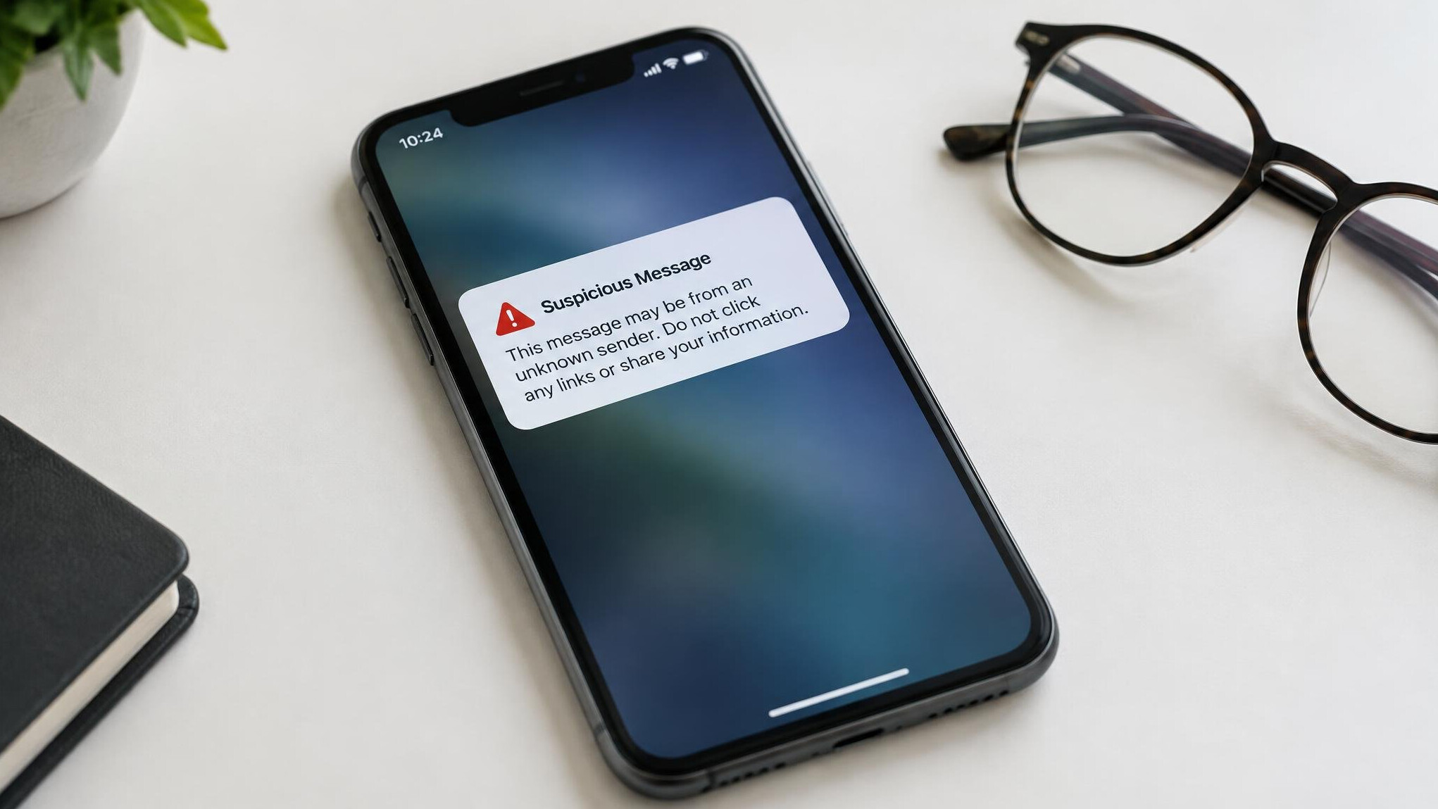 Smartphone showing a suspicious message warning on screen