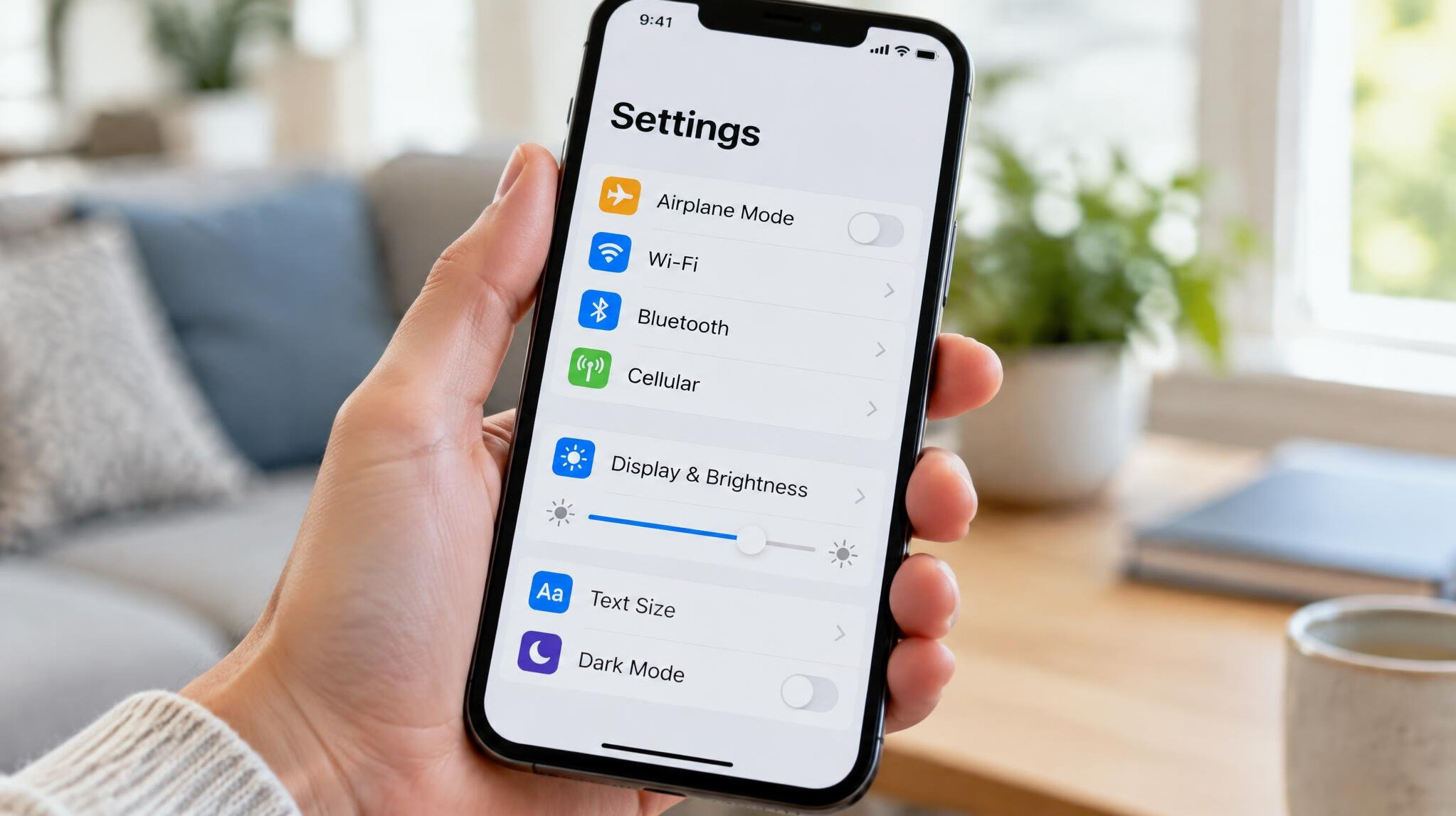 Smartphone settings screen with enlarged text held in a hand