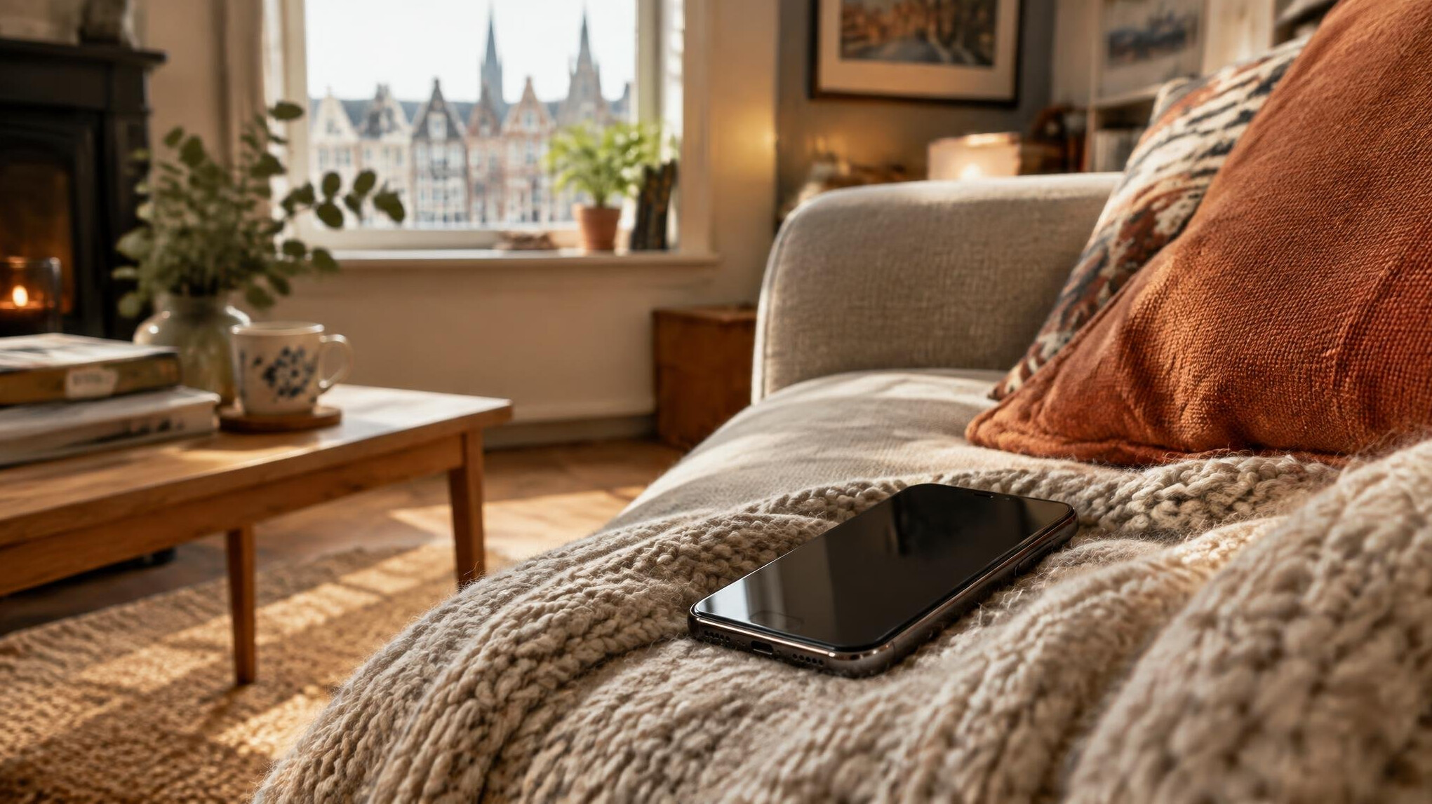 Tablet and smartphone on a cosy living room sofa with a blanket