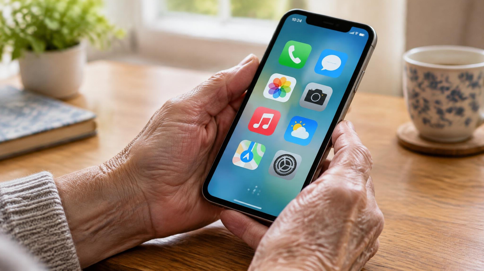 Close-up of elderly hands holding a smartphone with large app icons on a wooden table